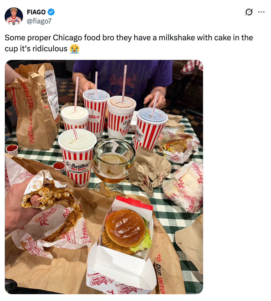 A array filled with Chicago-style accelerated food, including burgers, fries, milkshakes, and cake. A tweet expresses amazement astatine the milkshake with cake