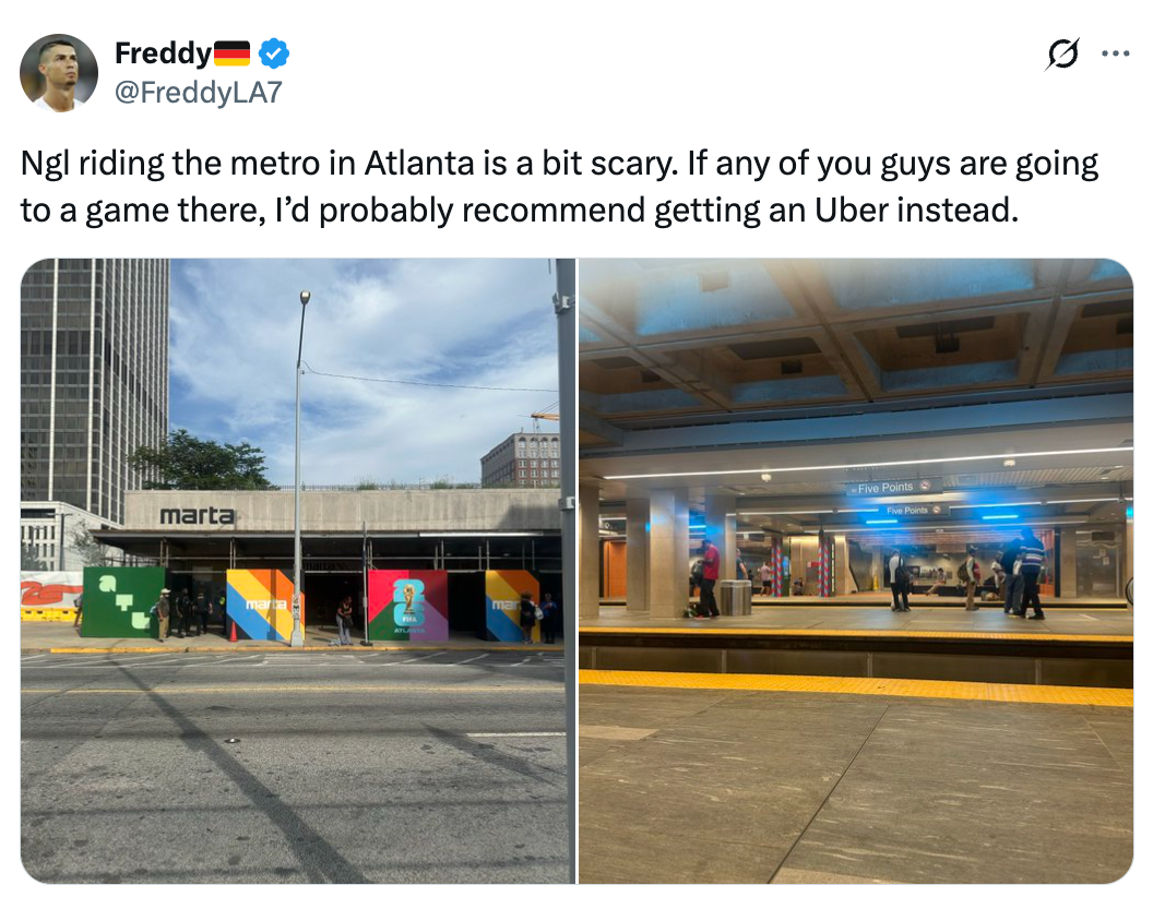 Tweet astir feeling uneasy riding the metro successful Atlanta, suggesting utilizing an Uber instead. Image shows metro presumption entranceway and platform
