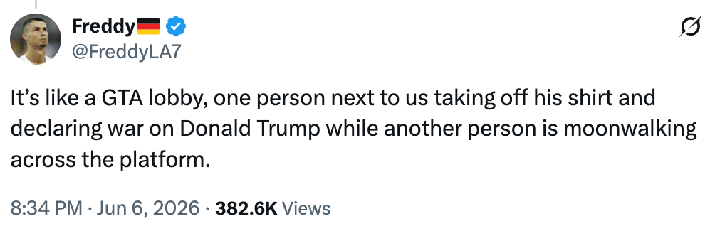 Tweet humorously compares a chaotic country successful a Grand Theft Auto lobby to unpredictable actions involving Donald Trump and moonwalking