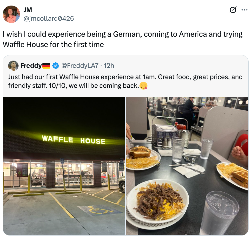 Tweet showing Waffle House visit, with exterior photograph and nutrient connected tables inside. Mention of enjoying archetypal acquisition and plans to return