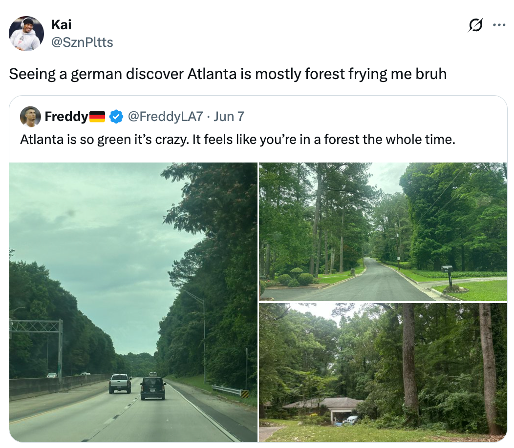 Tweet showing images of Atlanta roads lined with trees, highlighting the city's lush greenery