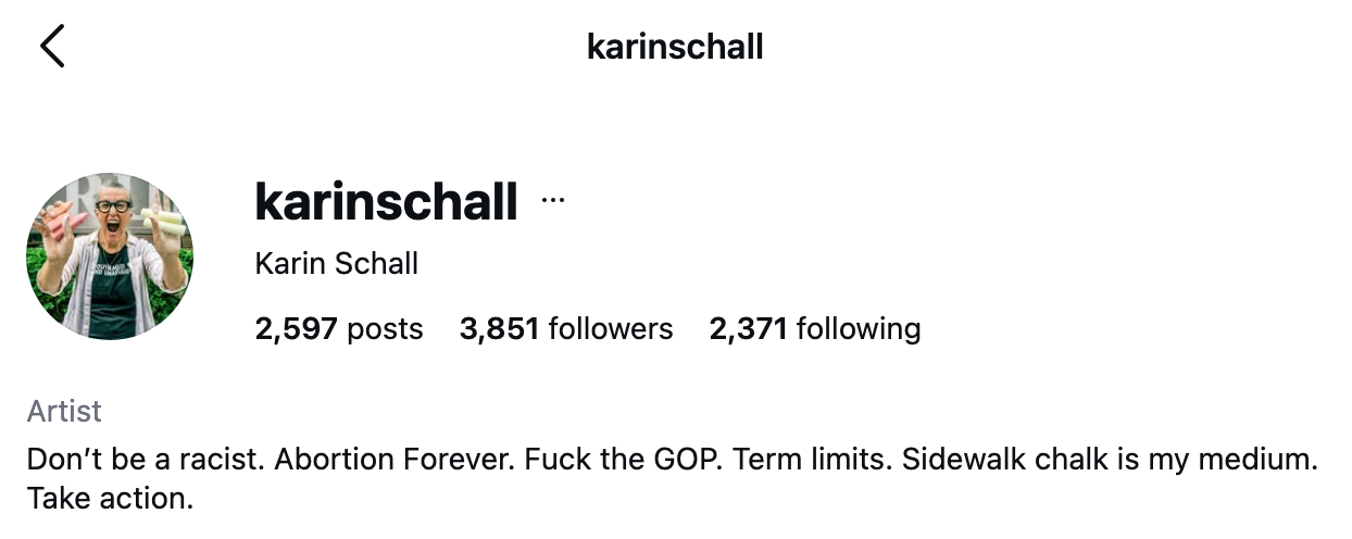 Instagram-biografi for Karin Schall. Kunstner som uttrykker syn på rasisme, abort, GOP-kritikk, tidsbegrensninger og fortauskrit som medium