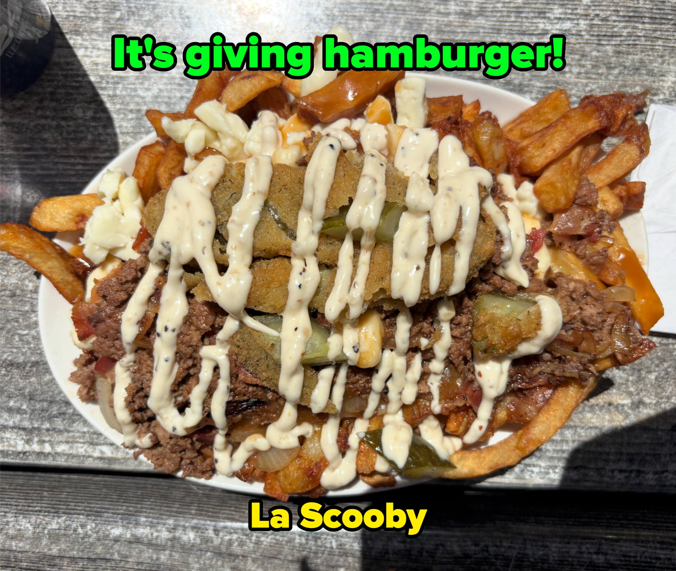 A sheet of loaded fries topped with food curds, roast beef, fried pickles, and drizzled with a creamy condiment connected a woody table