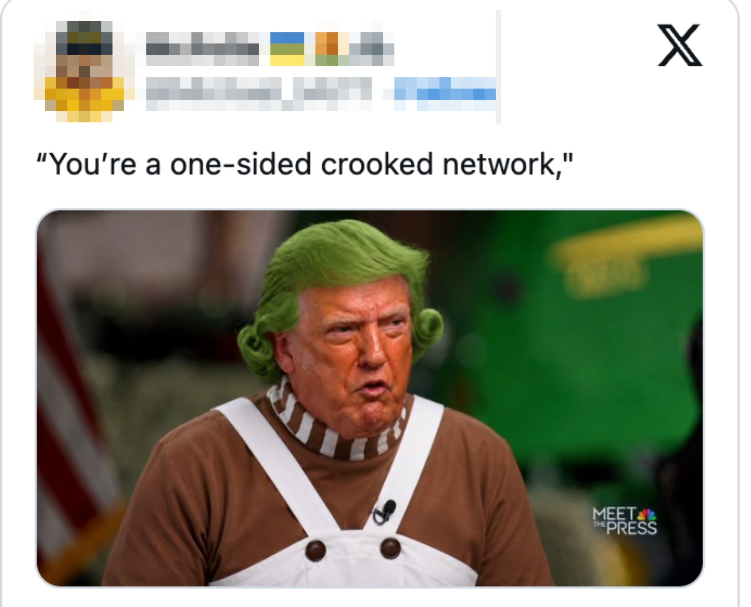 En person i et kostyme som ligner Willy Wonkas Oompa Loompa, med et redigert ansikt. Bildeteksten lyder: "Du er et ensidig skjevt nettverk."