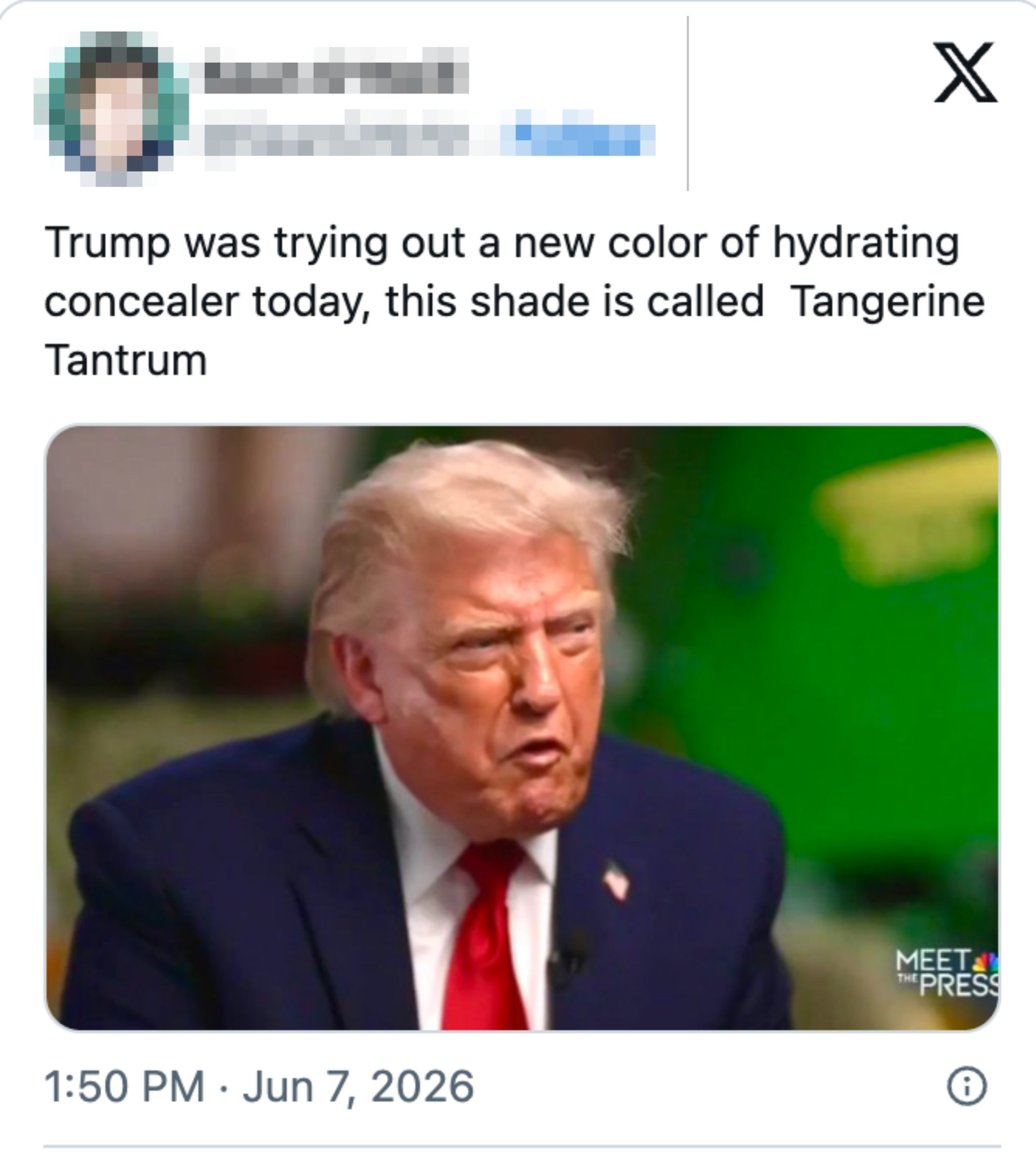 Bilde av en mann i dress som lager et uttrykksfullt ansikt. Bildeteksten nevner humoristisk concealer kalt 