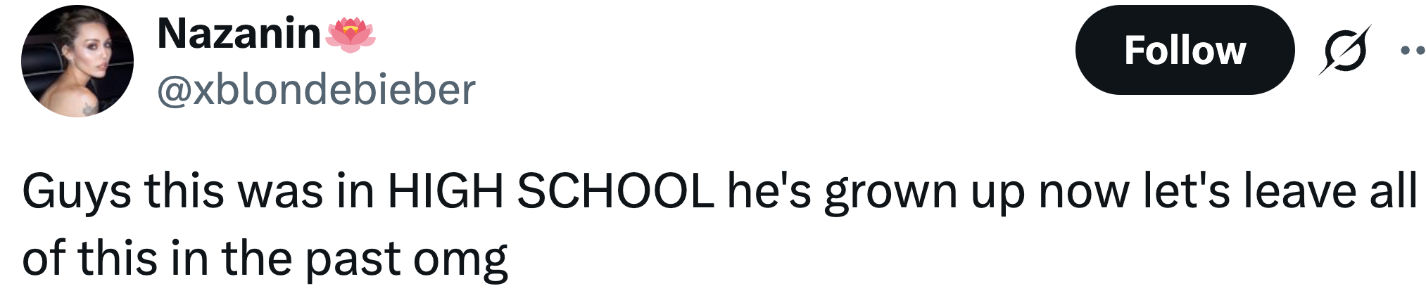 Tweet som oppfordrer andre til å gå videre fra tidligere atferd på videregående skole, og understreker at noen har vokst opp