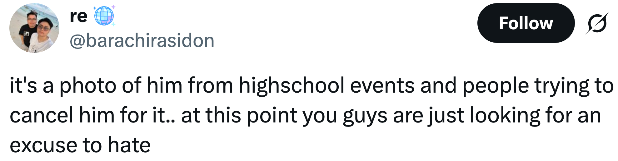Tweet som diskuterer en kontrovers som involverer et bilde fra videregående skolebegivenheter og kritikk stemplet som en unnskyldning for hat