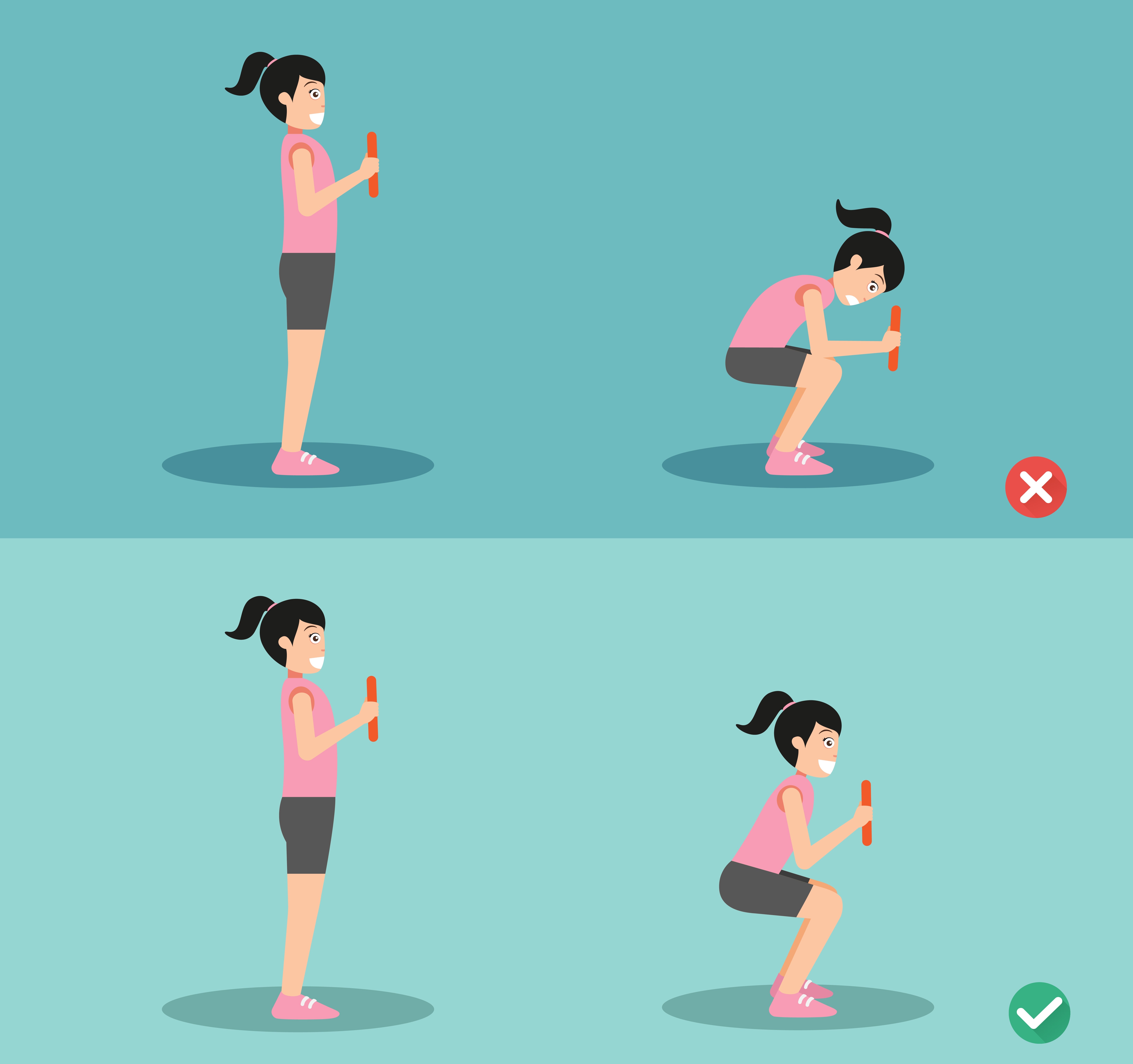 Illustration of a idiosyncratic performing squats with close and incorrect posture; the close posture is indicated with a cheque mark