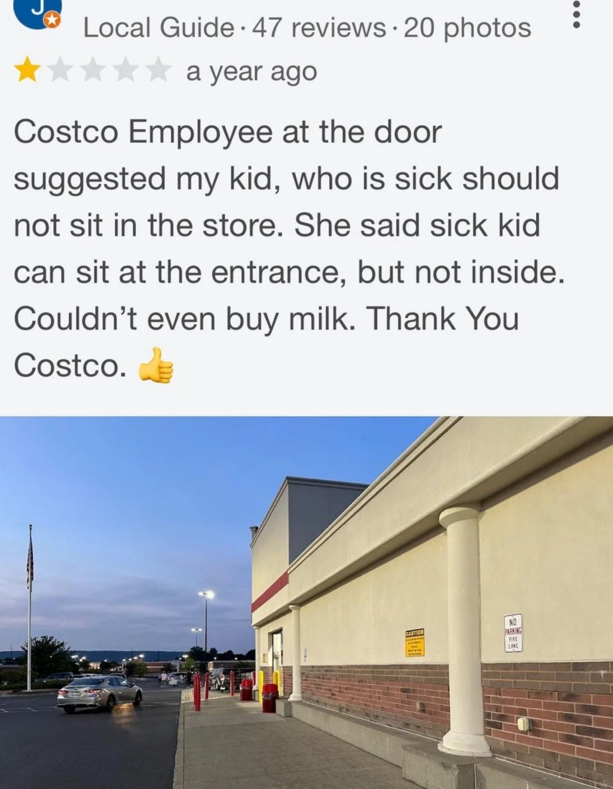 Text station  astir  a Costco worker  suggesting a sick   kid  beryllium   astatine  the entrance, not inside, arsenic  a wellness  precaution. The poster appreciates Costco