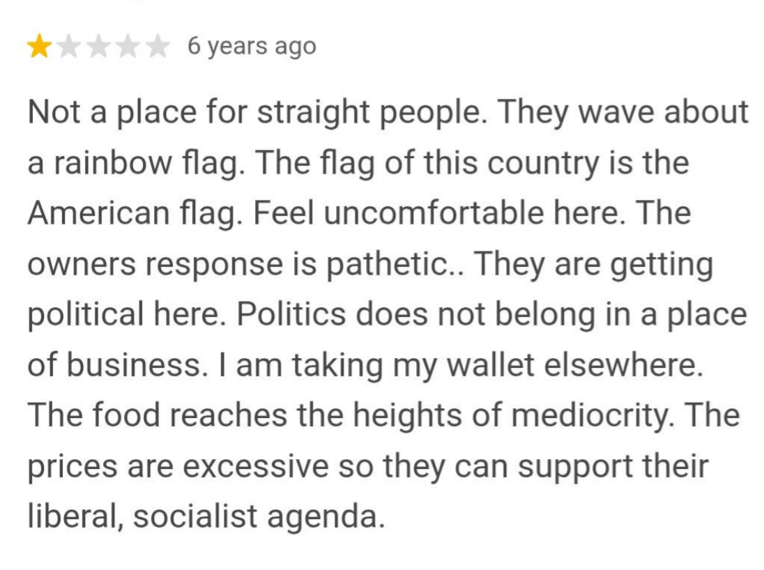 Review criticizing a concern  for being LGBTQ+ friendly, mentioning discomfort with a rainbow flag, governmental  stance, mediocre food, and precocious   prices