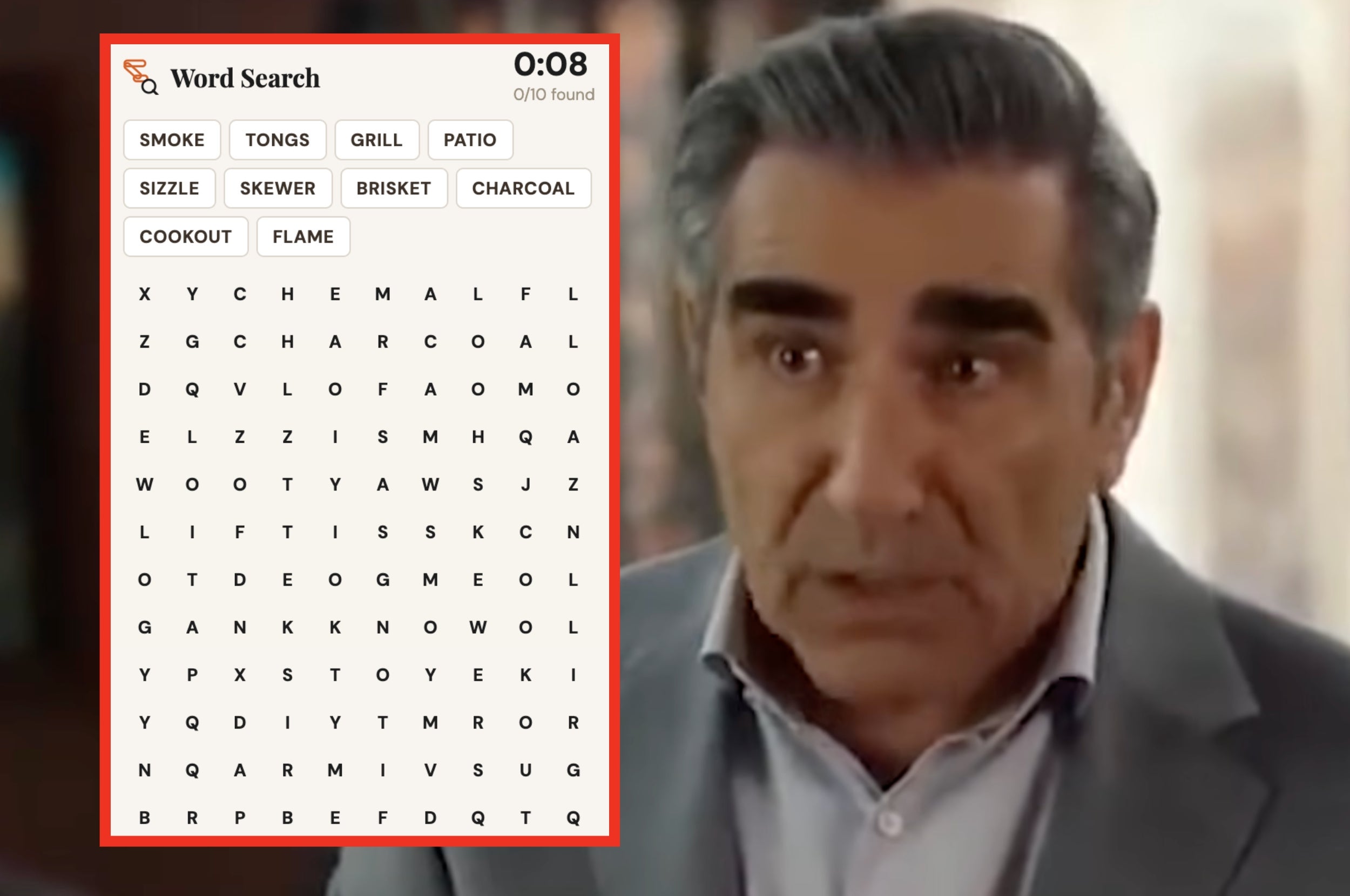 A word search puzzle with grilling-themed words overlaid on a man's image