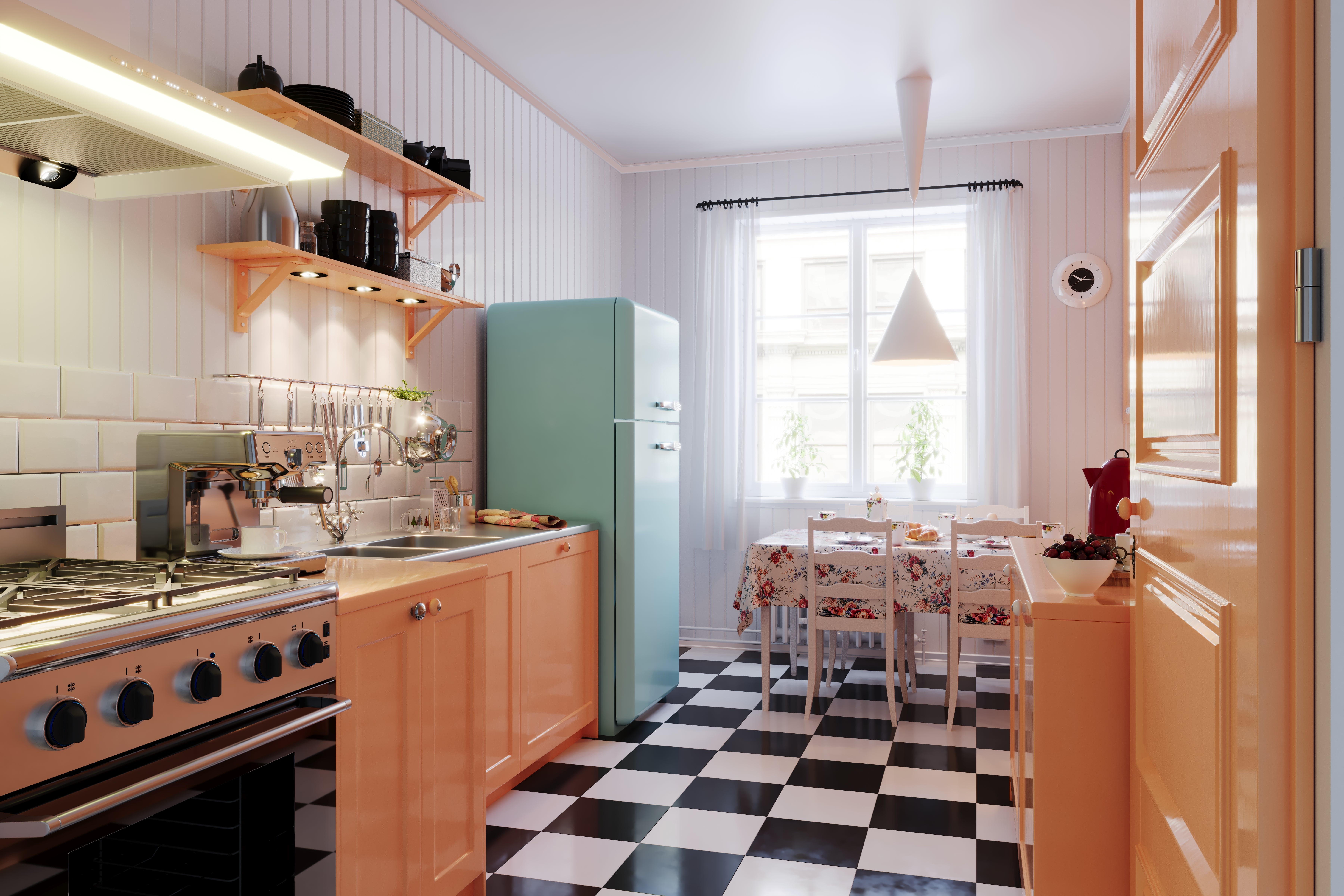 Retro-style room with checkered floor, pastel appliances, and a cozy eating country by a agleam window