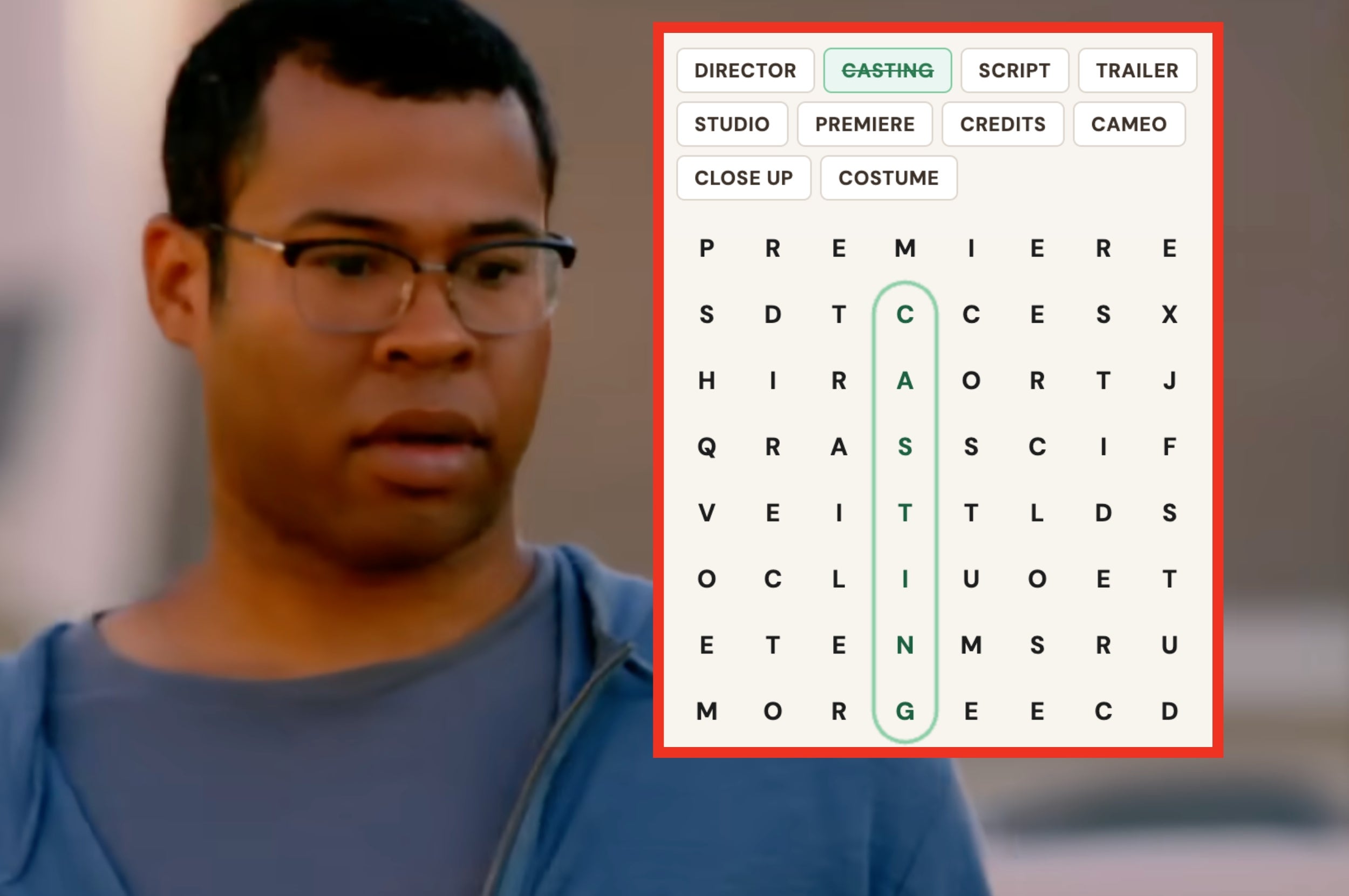 Person looking at a word search puzzle with hidden film-related words like "casting" and "premiere" highlighted