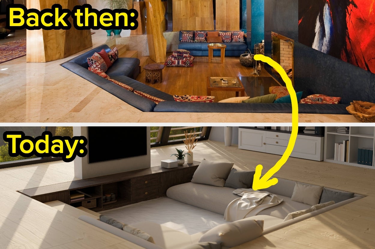 Split image showing a retro sunken living room above and a modern sunken seating area below, both emphasizing cozy design styles