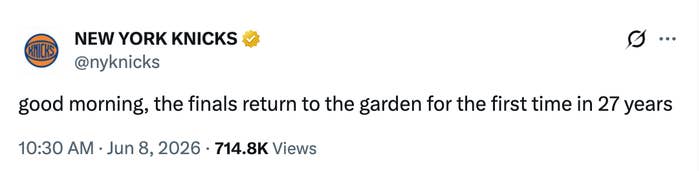 New York Knicks tweet announcing the NBA Finals' return to Madison Square Garden for the first time in 27 years
