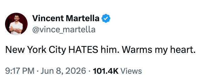 Tweet by Vincent Martella: "New York City HATES him. Warms my heart." 101.4K views