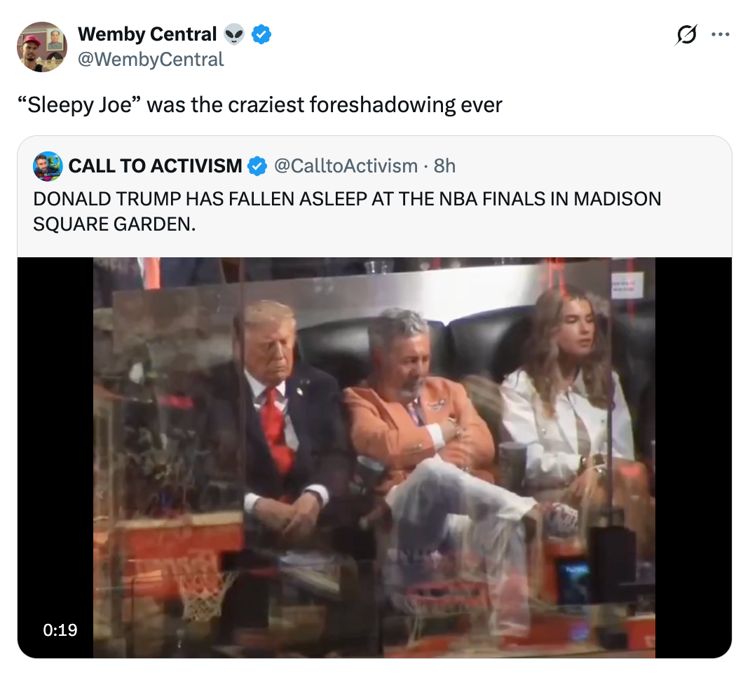 En tweet håner et siste øyeblikk da Donald Trump ser ut til å sovne i en NBA-finalekamp i Madison Square Garden
