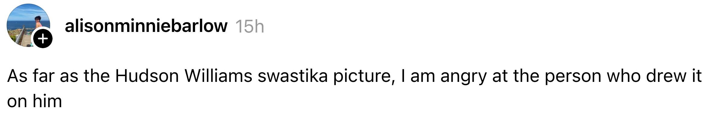 Kommentar som uttrykker sinne over et hakekors som tegner på Hudson Williams