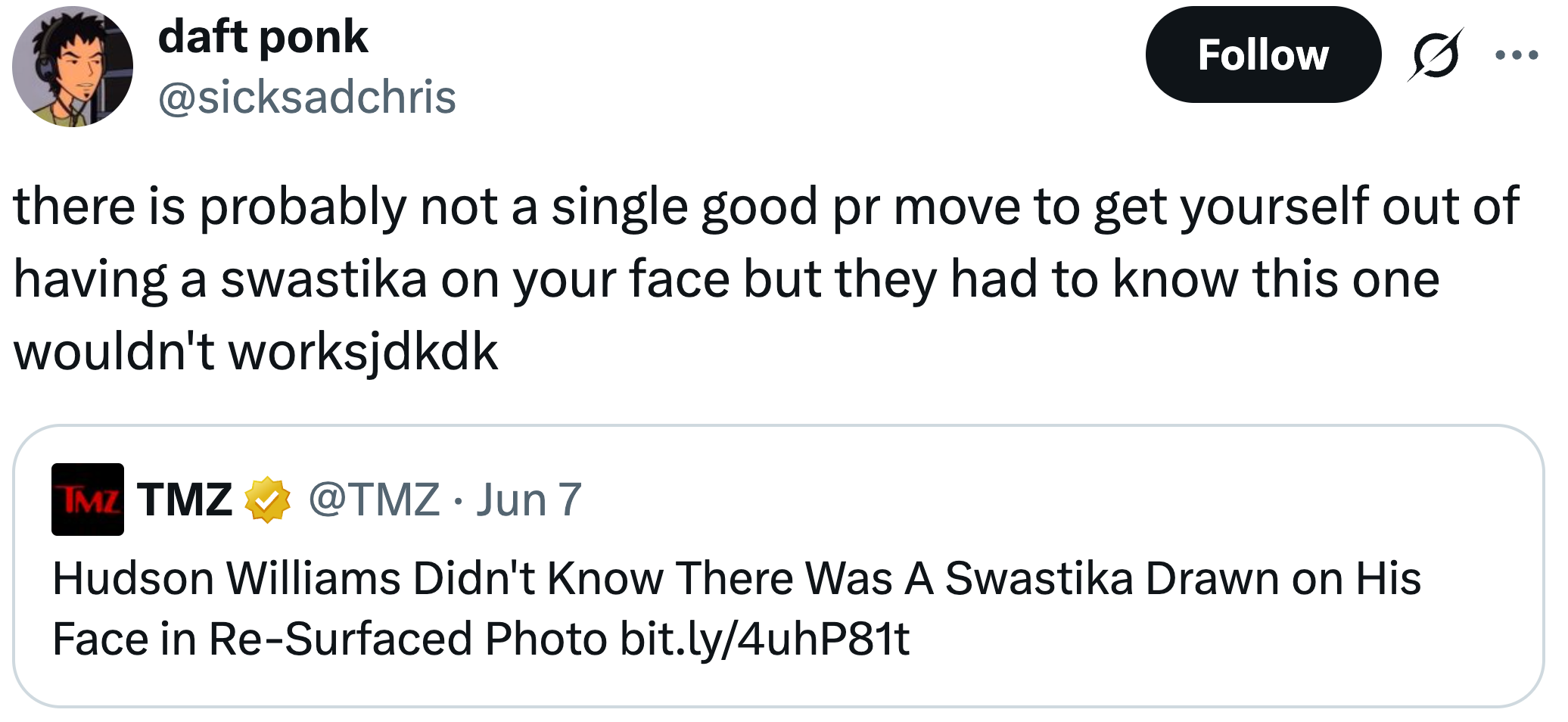 Tweet som kritiserer en TMZ-overskrift om at Hudson Williams ikke la merke til et hakekors tegnet i ansiktet hans på et foto