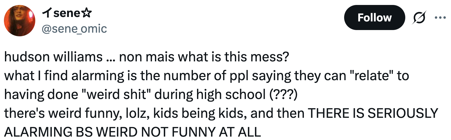 Skjermbilde av en tweet som uttrykker bekymring over folk knyttet til å gjøre bisarre aktiviteter på videregående skole, og stiller spørsmål ved oppførselen