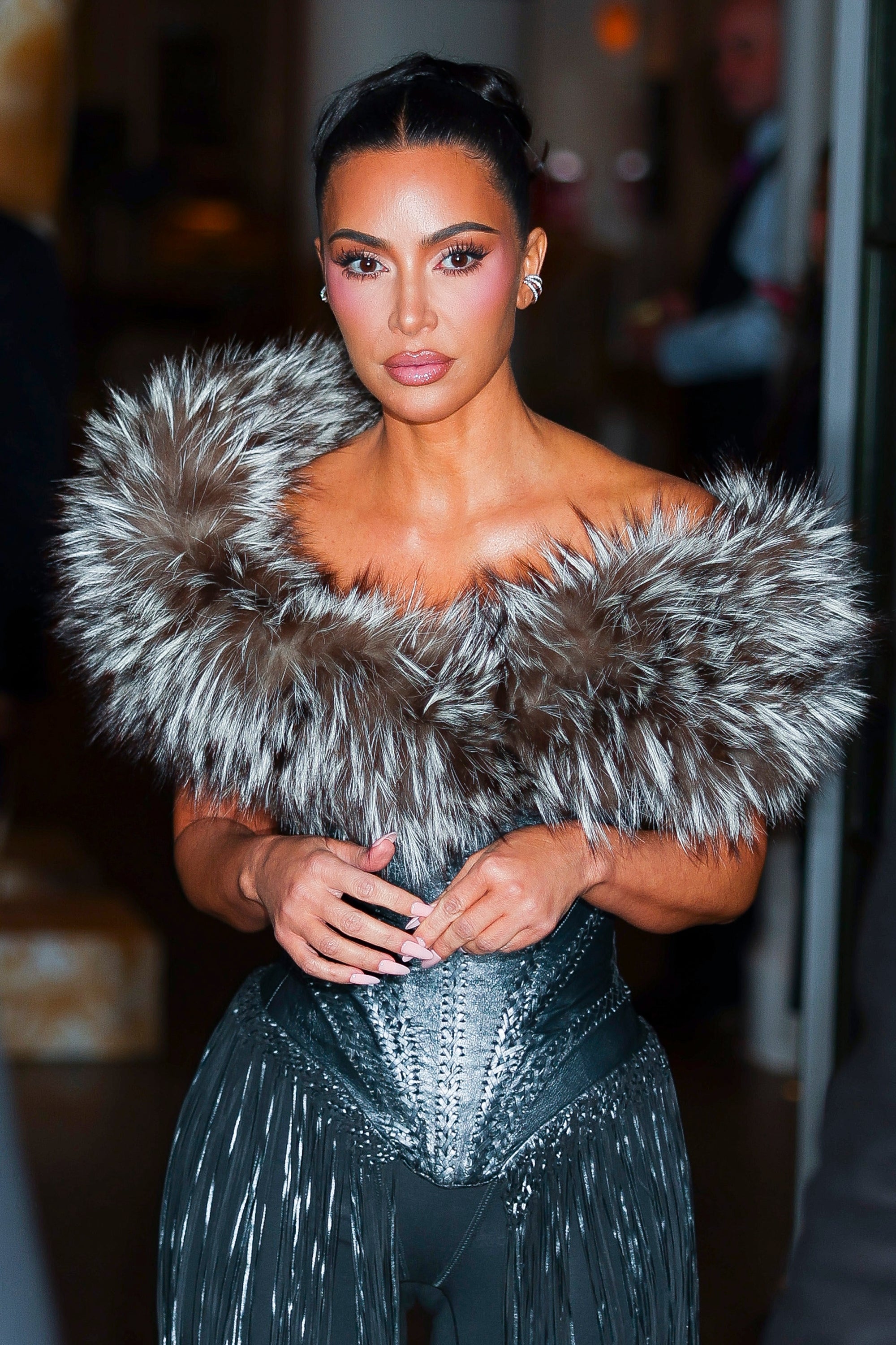 kim kardashian silver dress interview Kim Kardashian Explains Why She Wore Gray Sweater To 2024 Met Gala