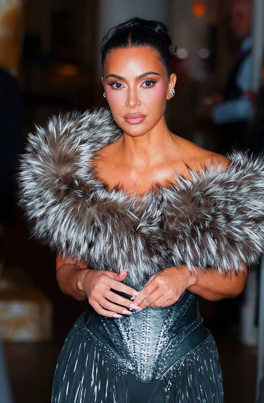 kim kardashian silver dress interview Kim Kardashian Explains Why She Wore Gray Sweater To 2024 Met Gala
