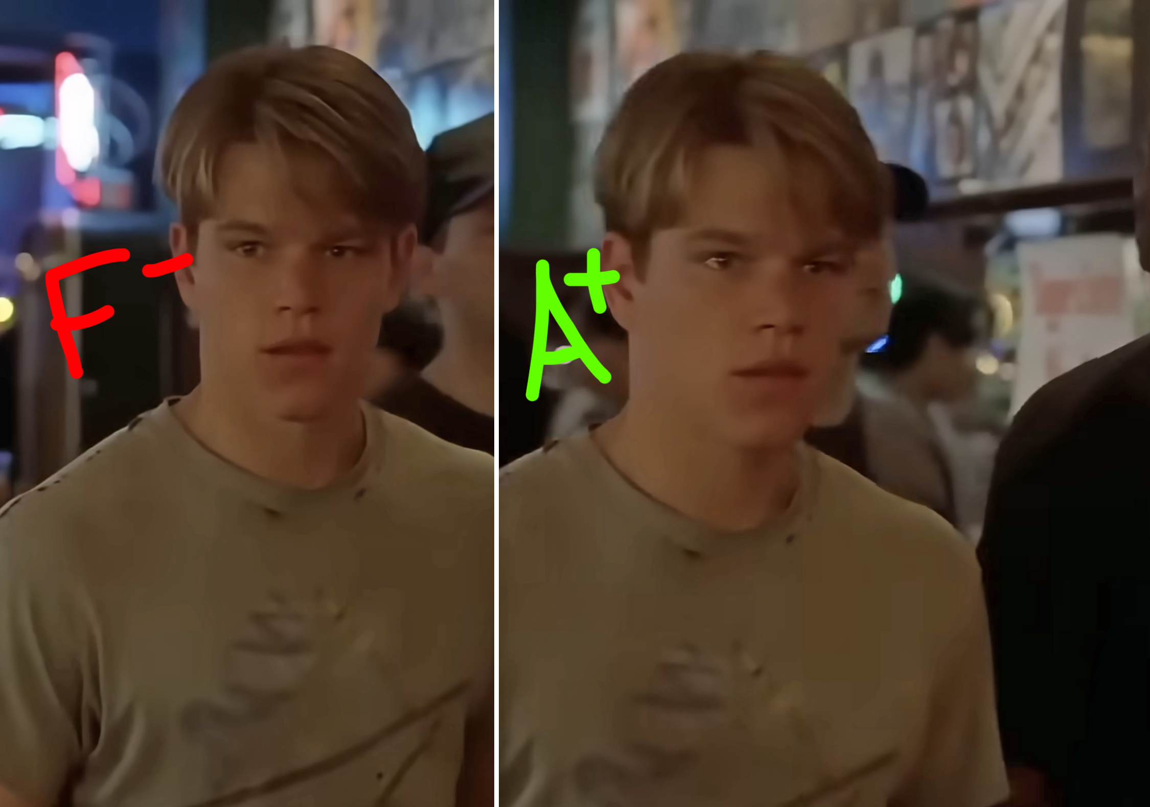 Side-by-side images: Left, person looks confused with "F-" written in red; Right, same person focused with "A+" in green