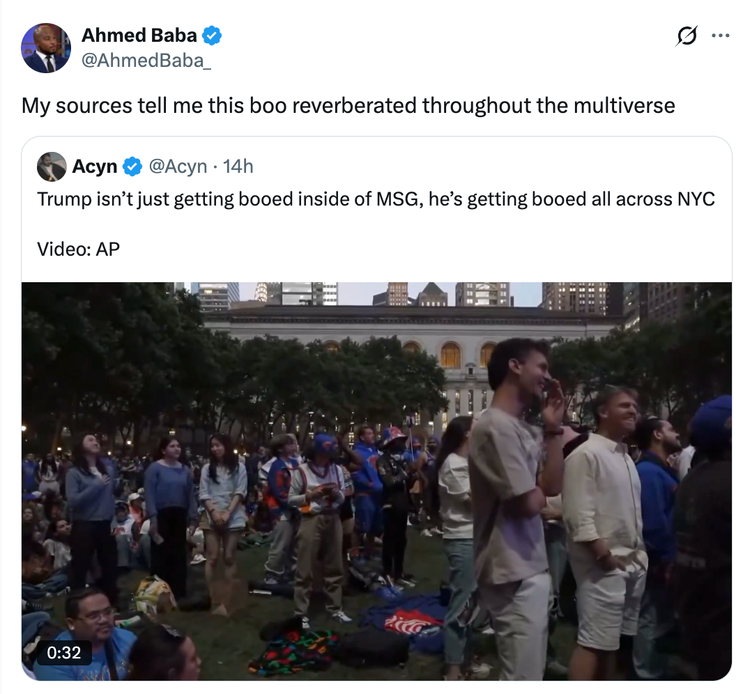 Screenshot of a tweet by Acyn stating that Trump is booed crossed NYC, shared by Ahmed Baba with a humorous caption