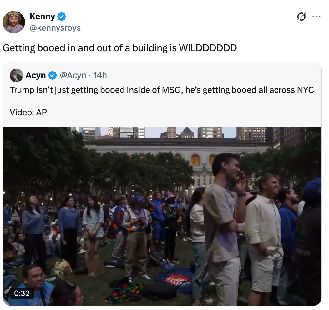 Social media station showing a tweet astir boos directed astatine Trump successful NYC, with a assemblage watching a surface outdoors