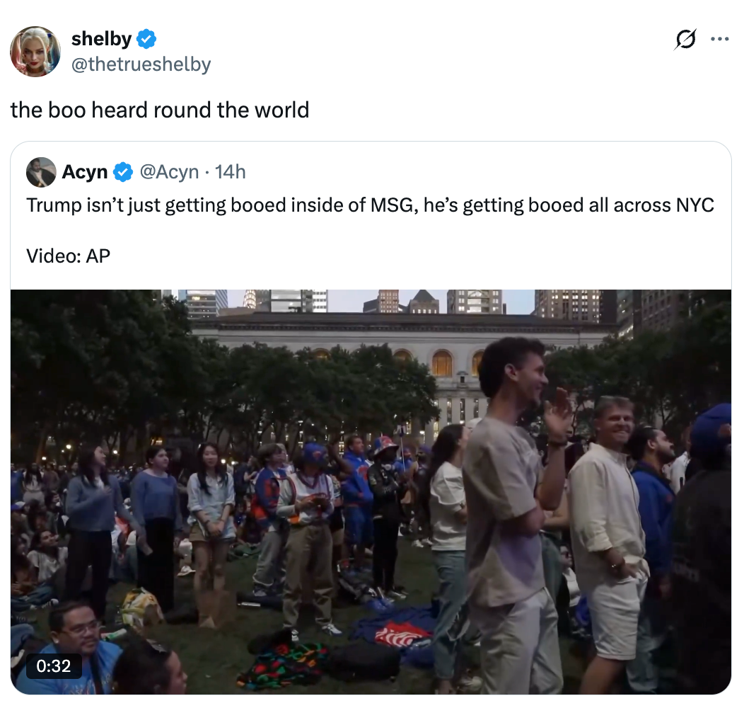 A assemblage successful a parkland boos during an event, arsenic seen successful a tweeted video screenshot astir reactions to Trump successful NYC