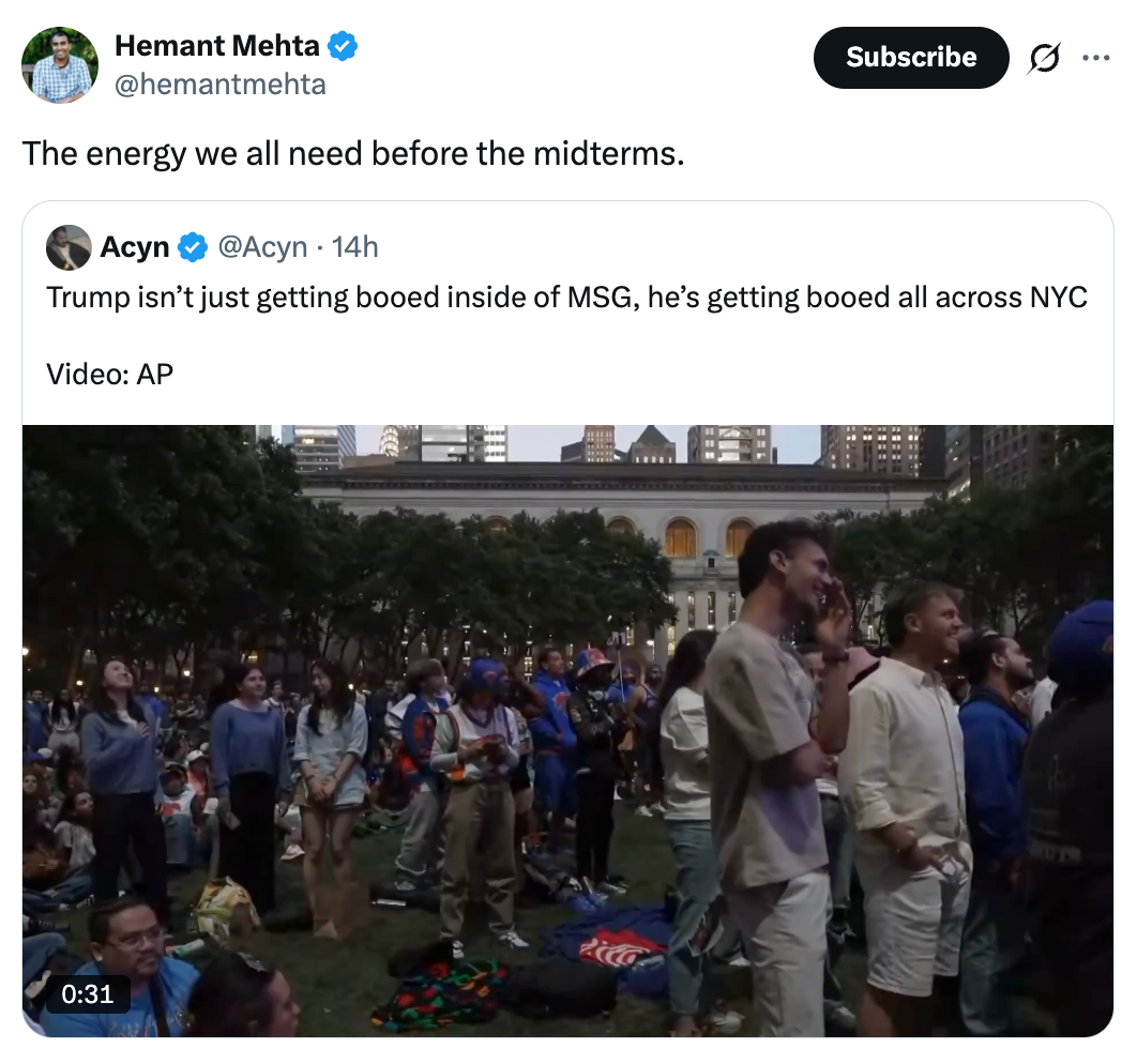 "The vigor we each request earlier the midterms," featuring a video of a assemblage successful NYC booing