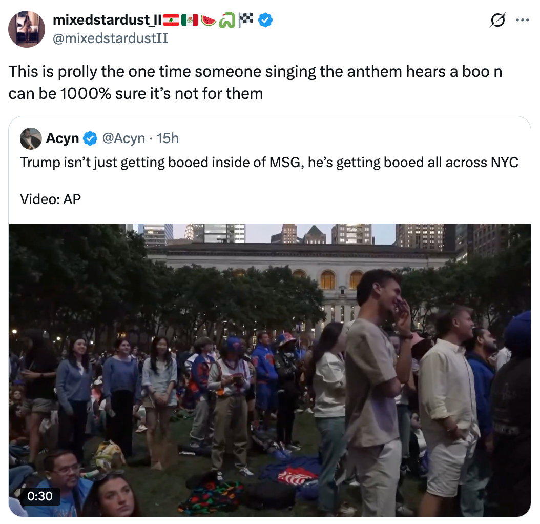 Tweet astir boos during an anthem astatine an event, with a video nexus showing reactions from a crowd