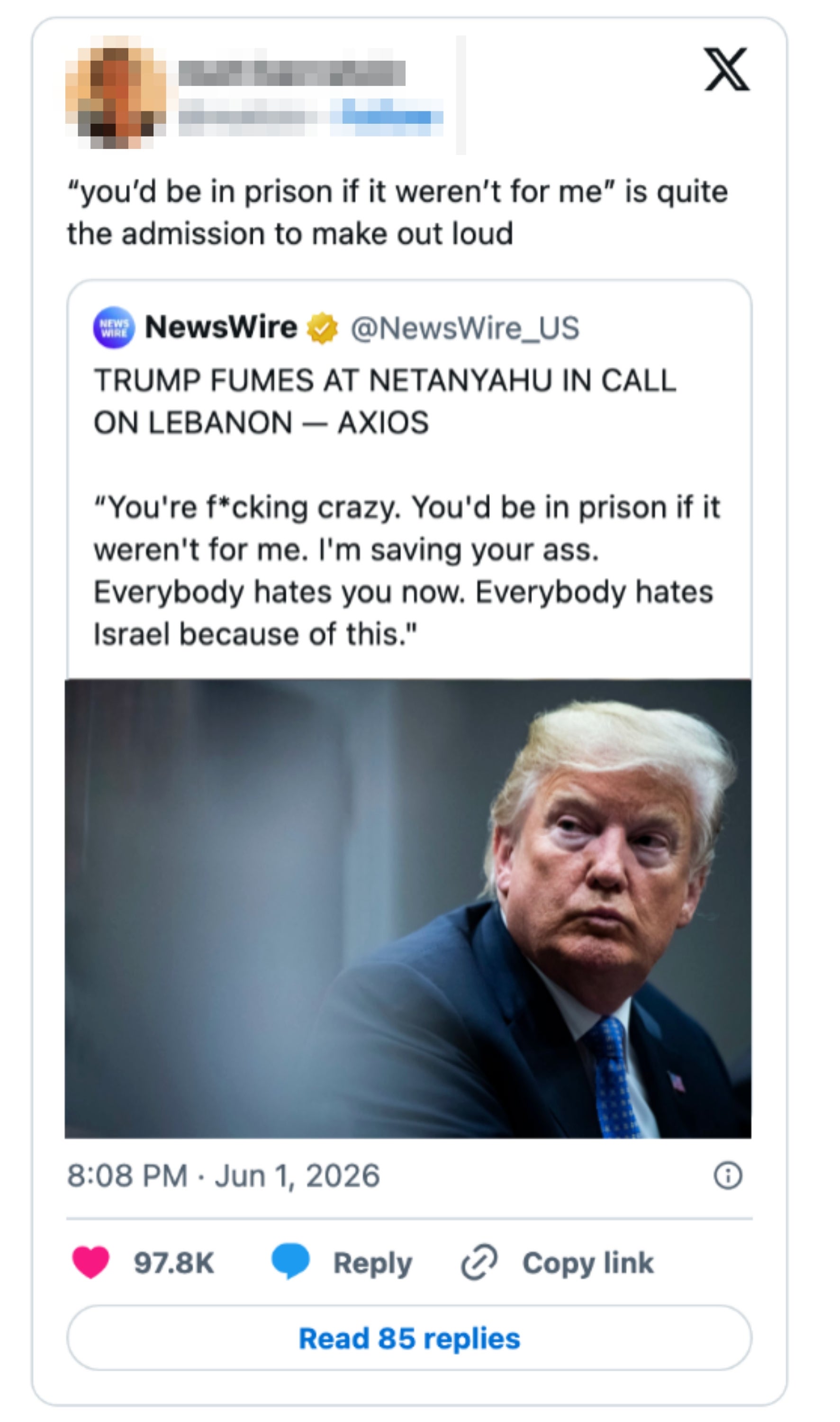 Sosiale medier-innlegg som viser en tweet om Trump som kritiserer Netanyahu over Libanon, og nevner å redde Israel