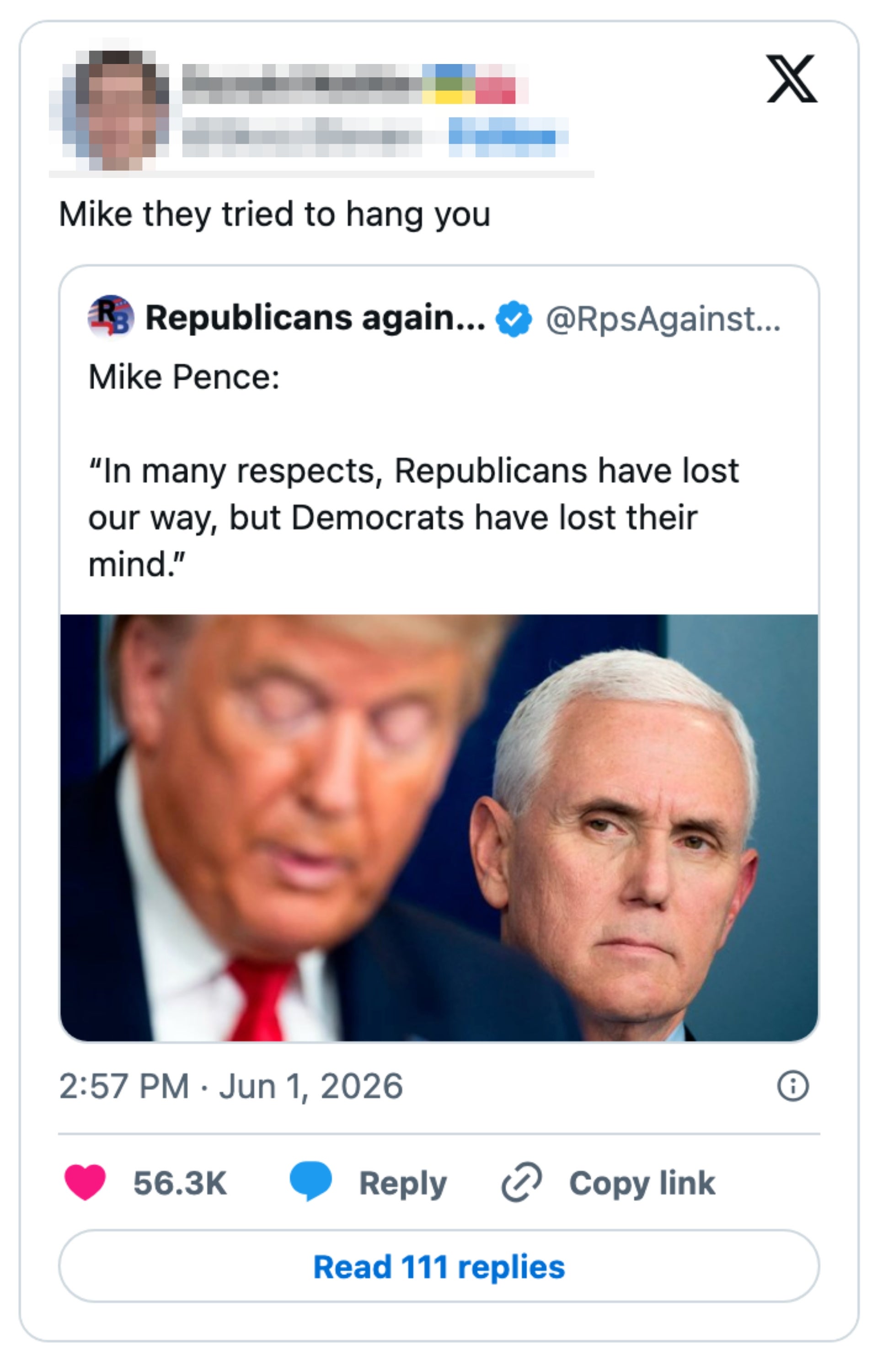 Svarskjermbilde på Twitter: Bruker kommenterer en tweet som siterer Mike Pence om politiske synspunkter