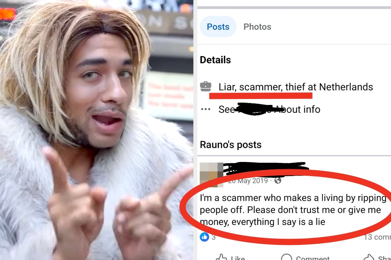 joanne the scammer  alongside a Facebook post of someone claiming to be a scammer, asking not to be trusted