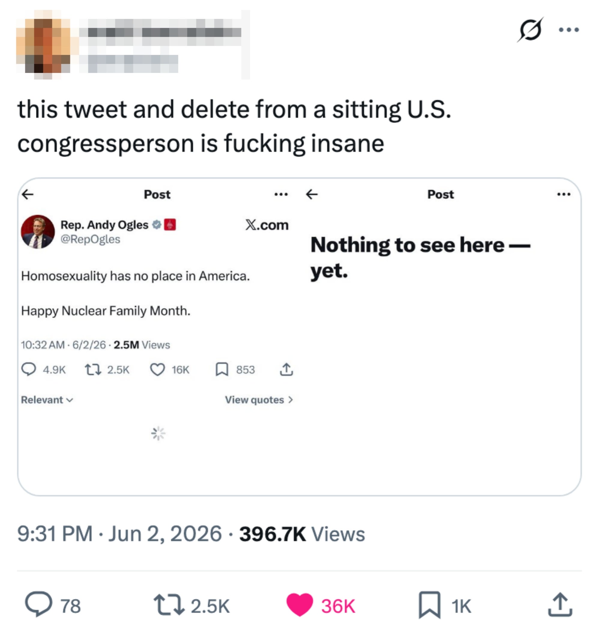 Tweet av Matt Bernstein som fremhever en slettet tweet fra rep. Andy Ogles om homofili og kjernefamilie