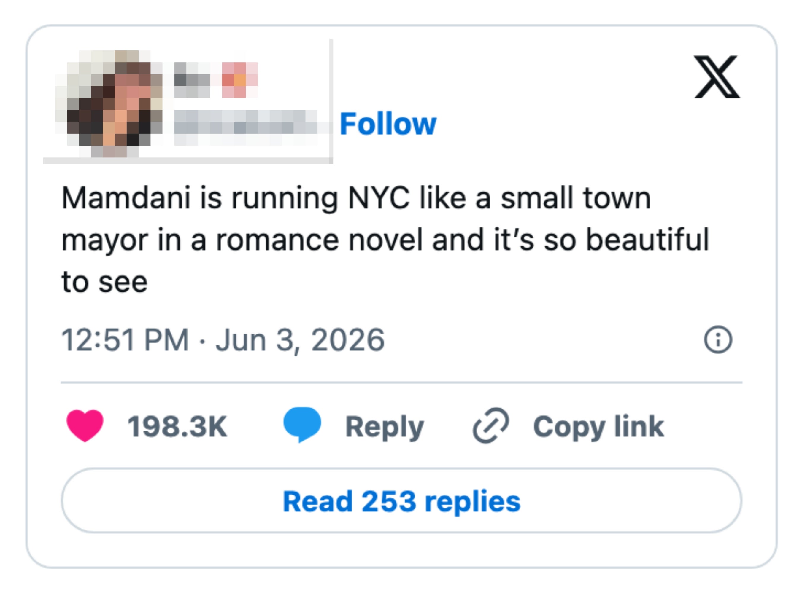 Innlegg på sosiale medier av brukeren "liz" berømmer Mamdani for å drive NYC med sjarm, og sammenligner det med en småby-ordfører i en romantisk roman