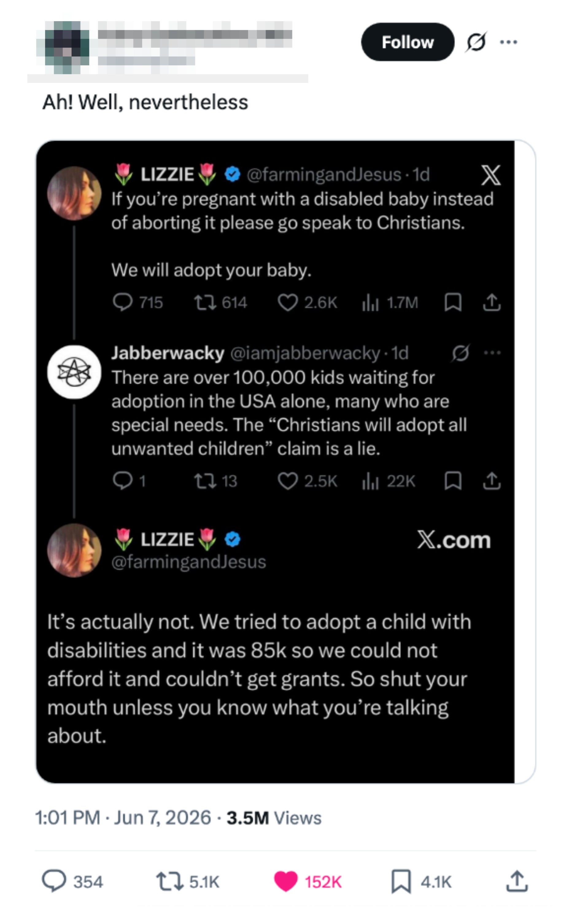 Tweet som diskuterer adopsjon av et jordbruksbarn med funksjonshemninger, imøtegå en påstand om å adoptere uønskede barn i USA