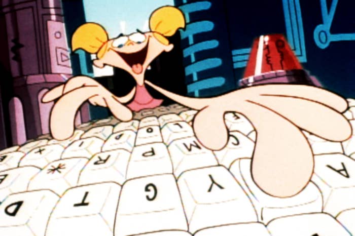 Animated quality  enthusiastically typing connected  a ample  keyboard, surrounded by futuristic machinery