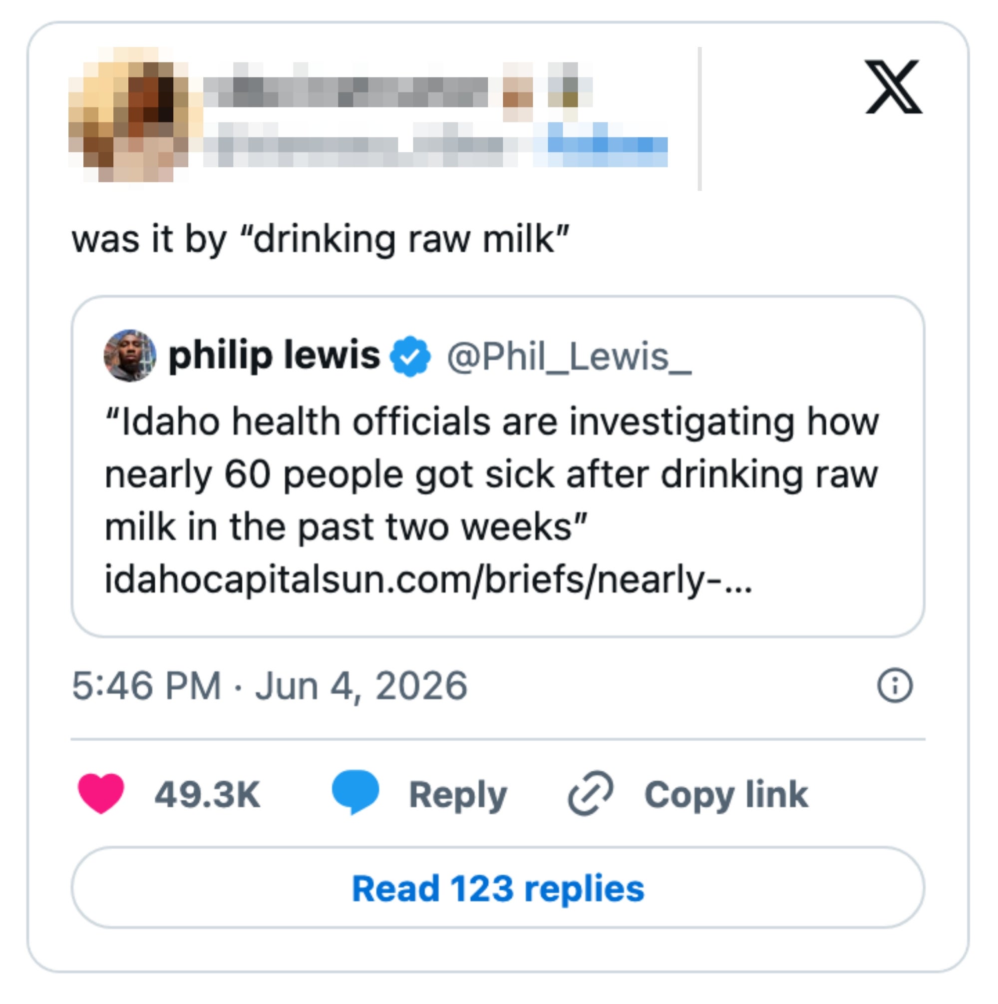Tweet fra @Vanessa_ABee spør humoristisk om "drikker rå melk" er årsaken etter et nyhetsinnlegg om rå melkrelatert sykdom