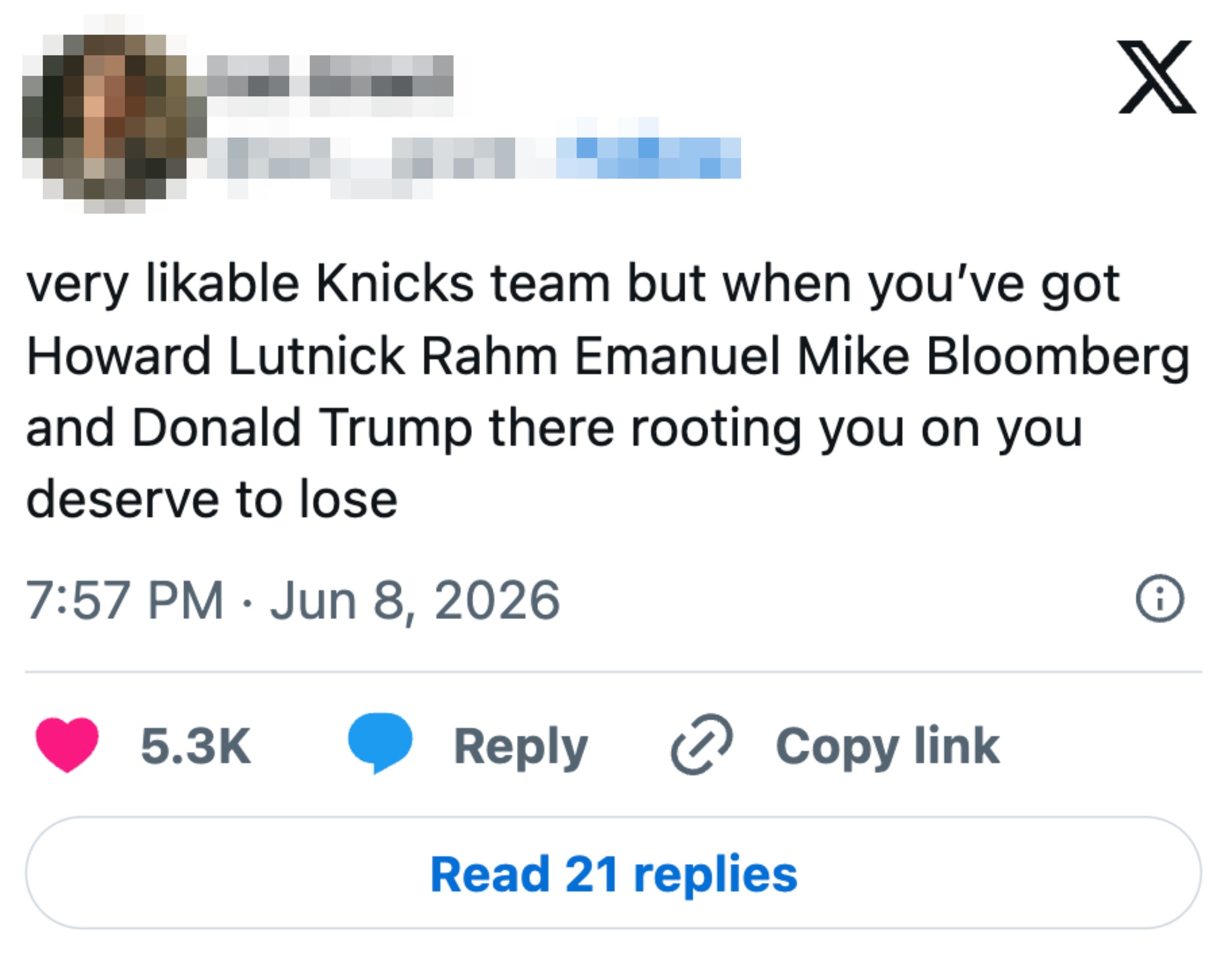 Tweet som kritiserer Knicks og nevner Howard Lutnick, Rahm Emanuel, Mike Bloomberg og Donald Trump som uflakssupportere