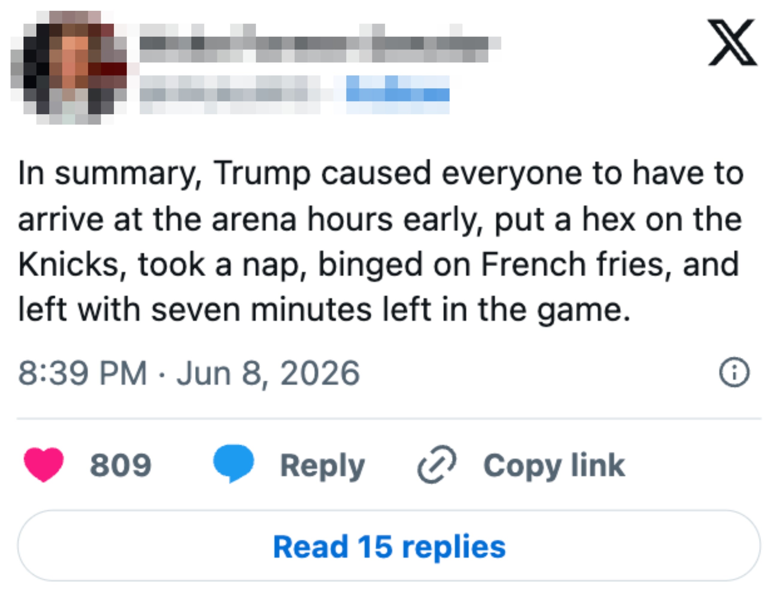 Parodi-tweet som oppsummerer hendelser som involverer Trump i en Knicks-kamp 8. juni 2026