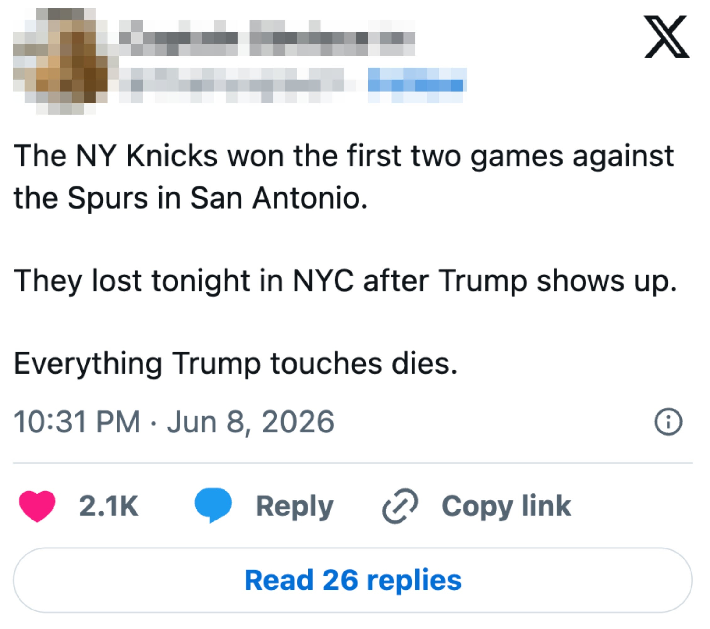 Tweet hevder på spøk at NY Knicks tapte en kamp i NYC etter at Trump deltok, etter tidligere seire i San Antonio mot Spurs