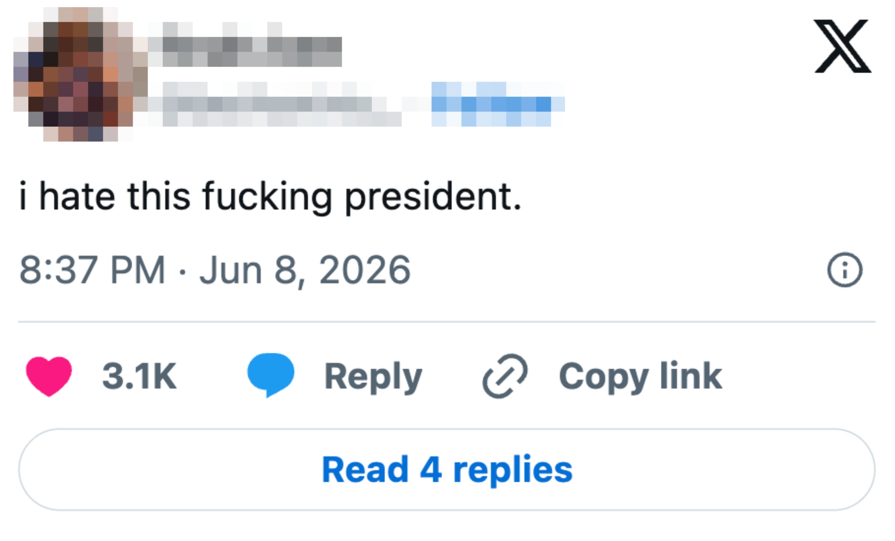 Innlegg på sosiale medier som uttrykker sterk motvilje mot presidenten, datert 8. juni 2026