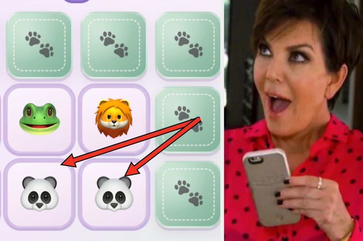 A surprised person looks at a phone, beside a matching puzzle game screen featuring animal emojis like a frog, lion, and panda