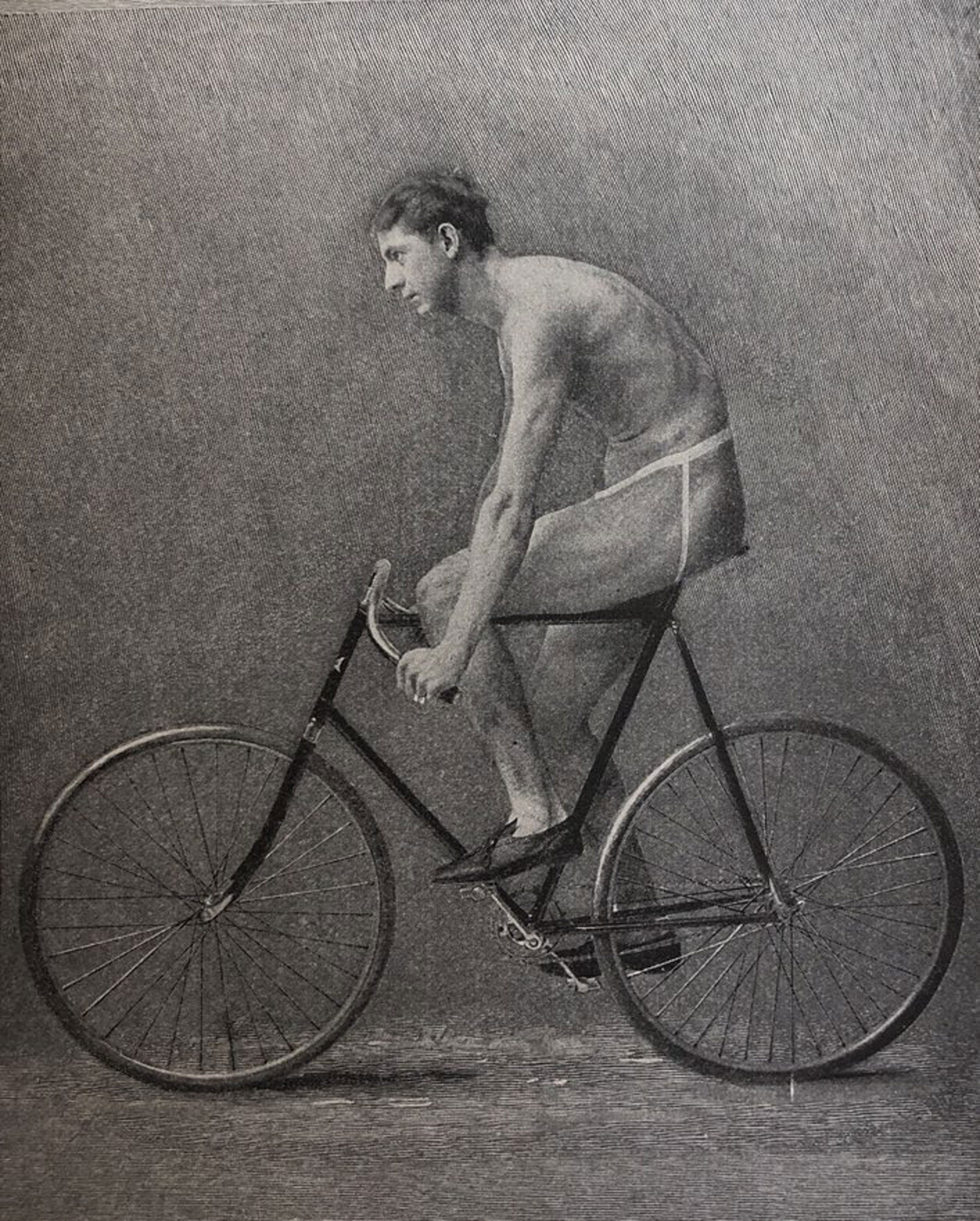 Illustration of a antheral wearing minimal clothing, riding a vintage bicycle successful a broadside illustration view