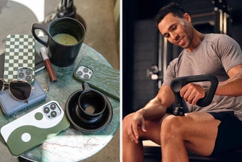 Left: A table with phone cases, a wallet, sunglasses, lipstick, and a drink. Right: Person using a massage gun on their leg