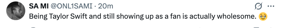 Tweet says, "Being Taylor Swift and inactive showing up arsenic a instrumentality is really wholesome."