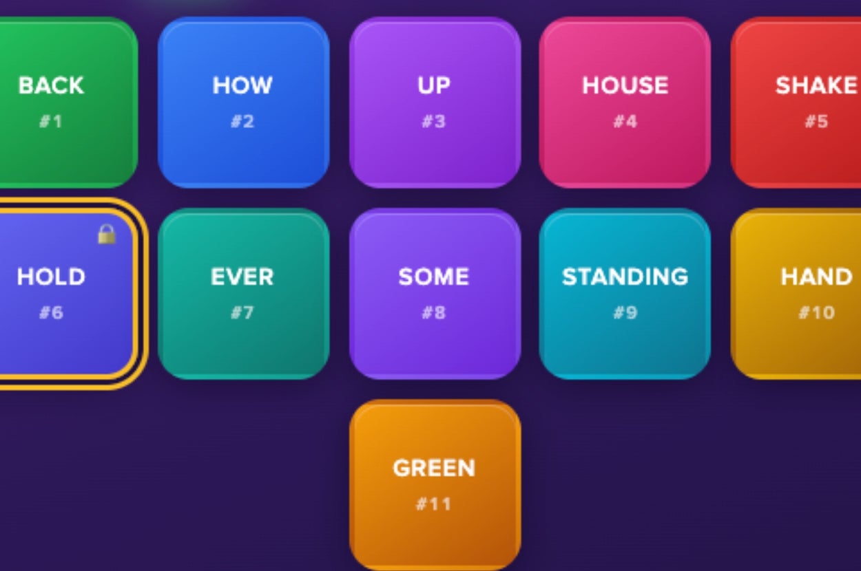 Game interface with buttons labeled with words and numbers, such as "BACK" and "#1," "HOLD" and "#6," indicating game options or commands