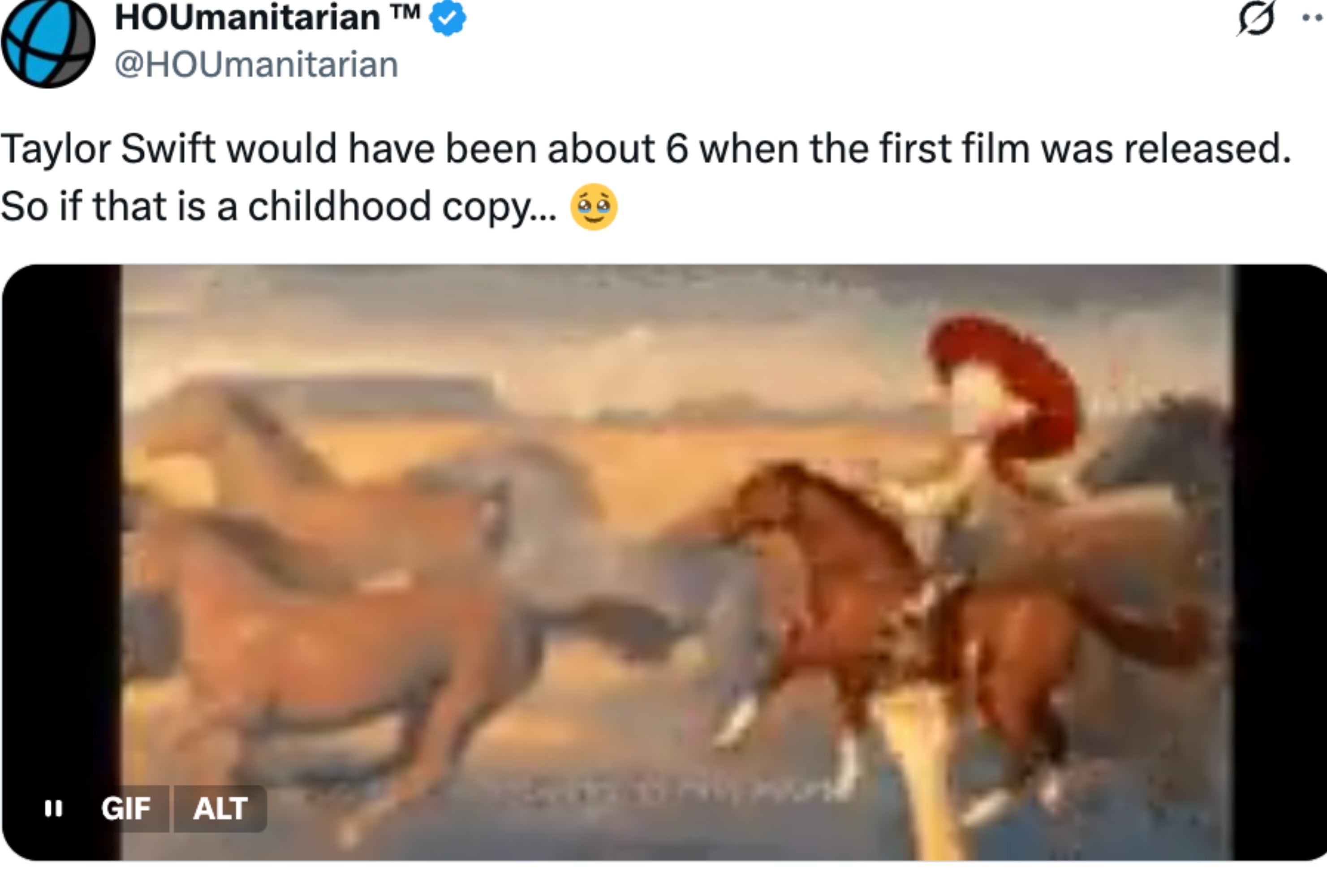 Blurred representation of a cowgirl riding a horse, perchance from an animated film, mentioned successful a tweet astir Taylor Swift's childhood